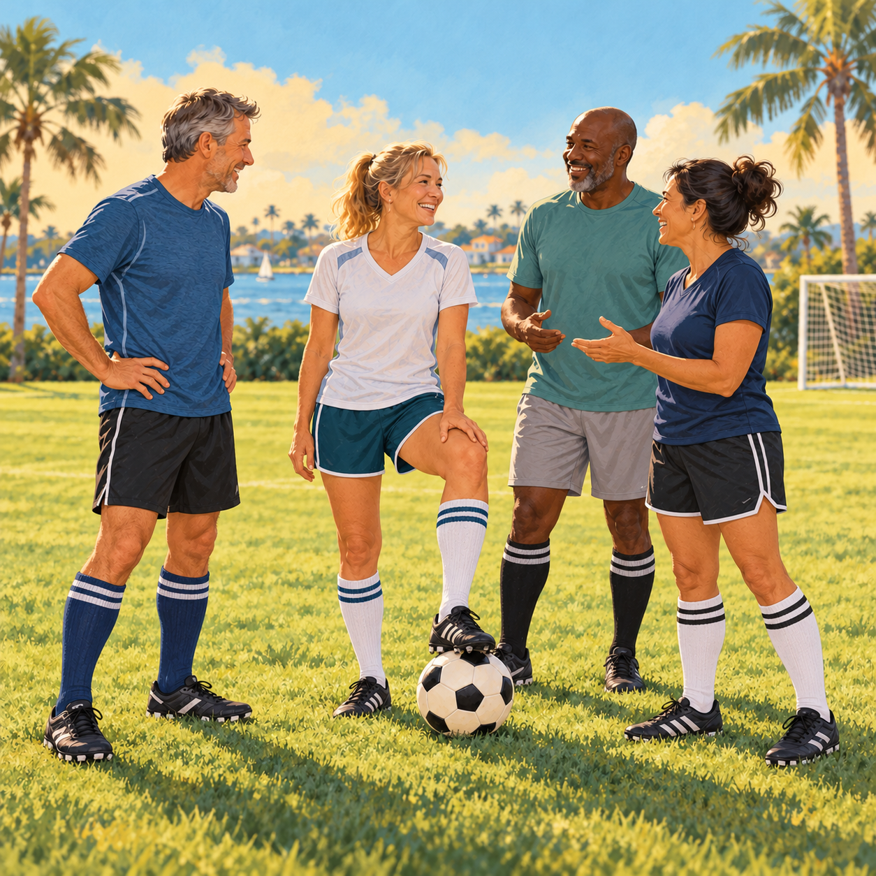 Four adults in varied soccer clothing chatting on a coastal field, one resting a foot on a soccer ball; no headwear